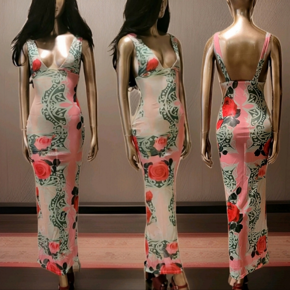 NWT Sexy Vibrant Romantic Floral Print Mesh Bodycon Maxi Dress Sz S - Picture 5 of 16